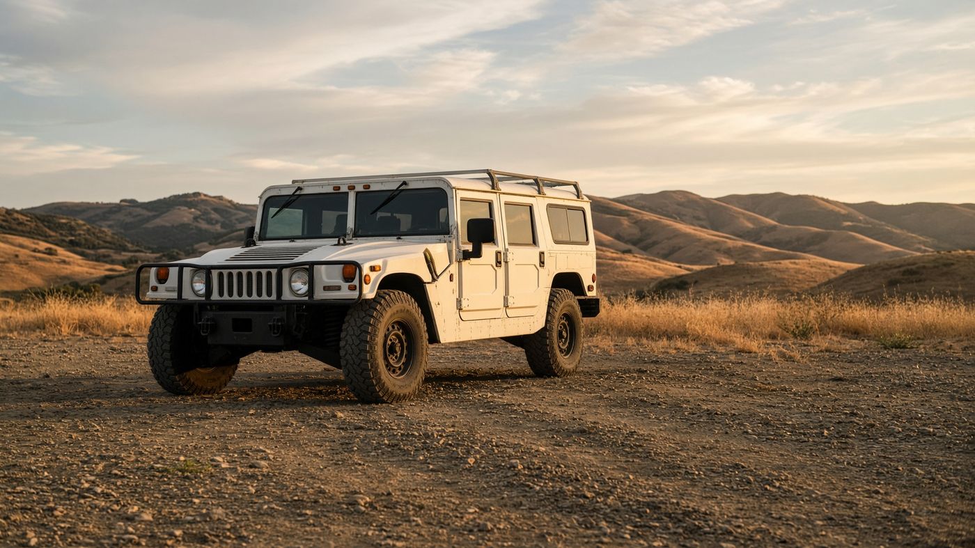 White 1985 AM General Hummer in the East Bay hills