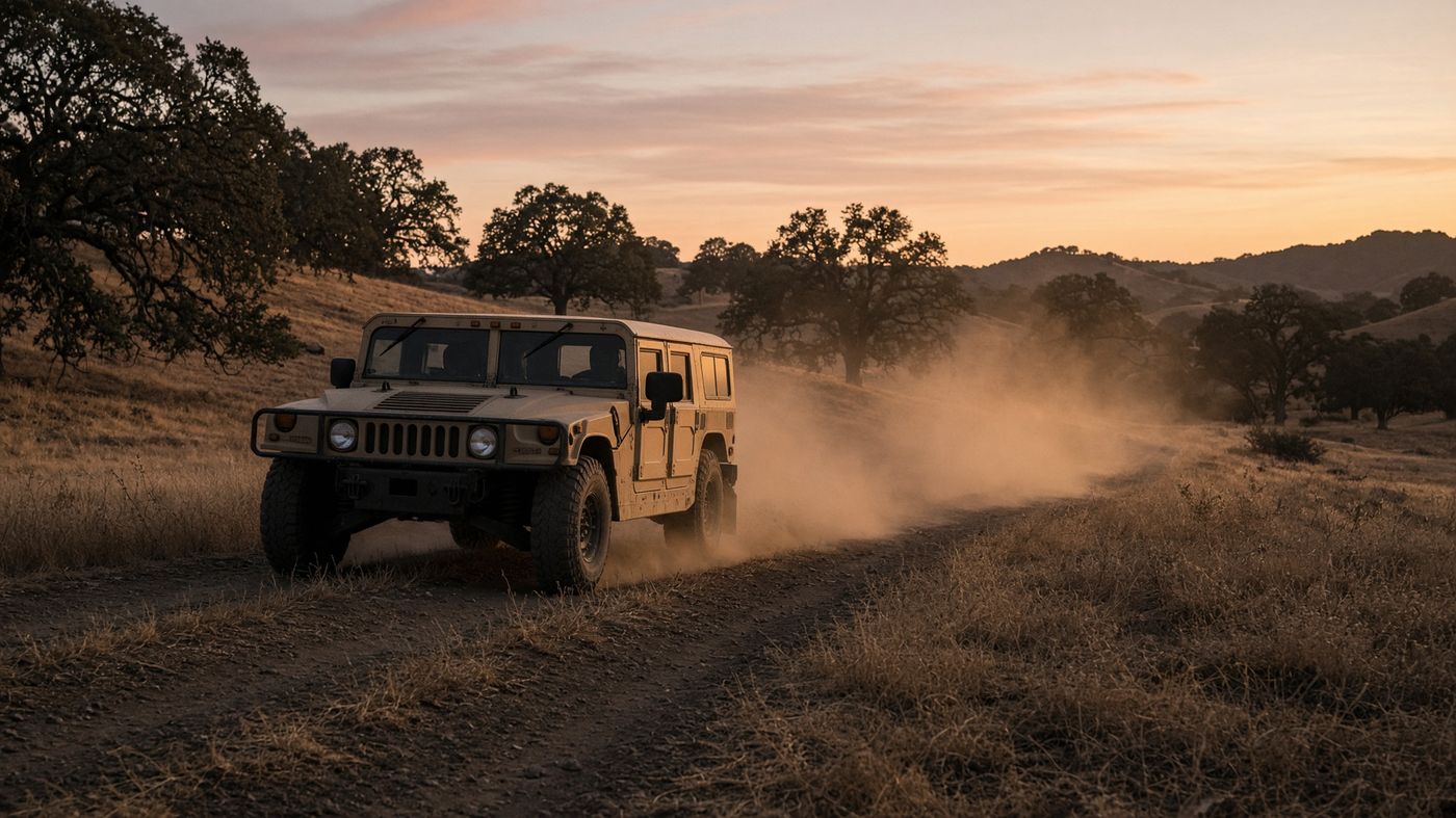 Hummer on a two-track through California grassland
